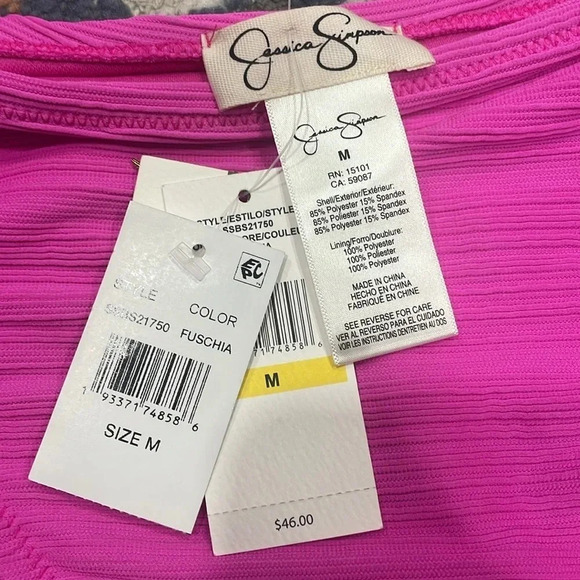 JESSICA SIMPSON Fuschia S Ribbed Tie Square Neck Swimsuit M high waisted bottoms - Picture 7 of 8